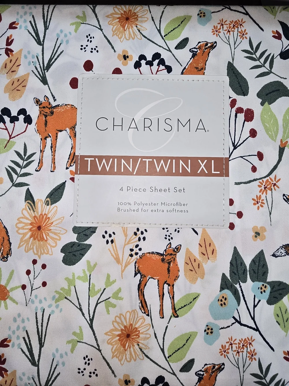Charisma Twin XL Sheet Set with Orange Fox and Multicolor Leaf Print